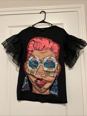 Rue21 Black Tee with Pink Hair Graphic and Multicolor Sunglasses